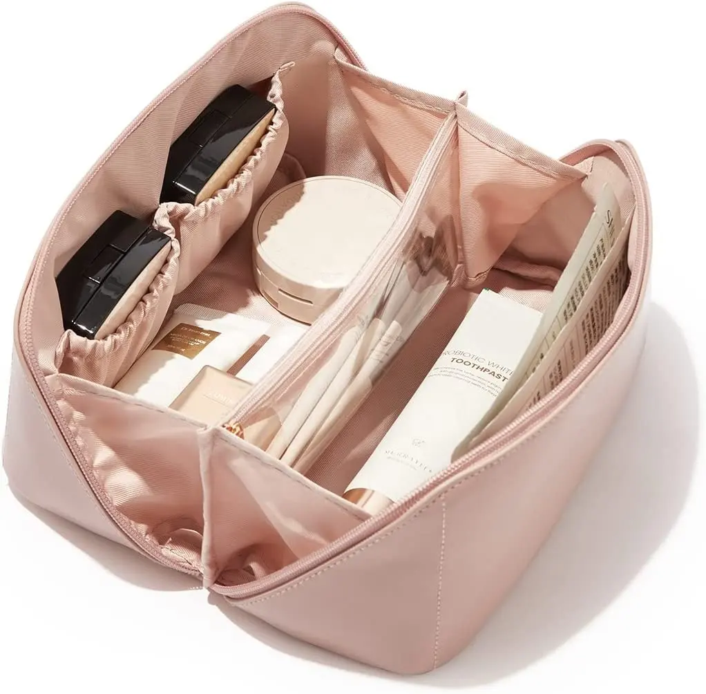 Sac à cosmétiques de grande capacité pour femmes pochette portable étanche trousse de toilette plate ouverte organisateur de maquillage avec diviseur et poignée