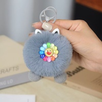 Porte-clés rond en peluche fait main avec visage souriant et fleur colorée, pendentif mignon pour sac, cartable et voiture
