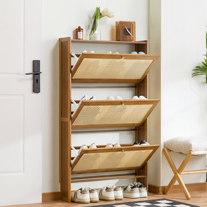 Japanese Style Rattan <b>Shoe</b> Cabinet Ultra Thin Flip Top Space Saving Entryway <b>Storage</b> For Home Small Apartments - Product Image 2