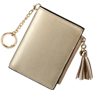 Cartera Rfid Premium plegable con borlas cortas de color dorado para mujer con logotipo personalizado y bolsillo para monedas con cremallera