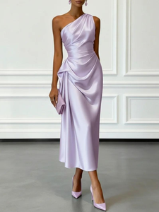 Robe de soirée élégante pour femme, asymétrique à une épaule, en satin, longueur midi, drapée, ajustée, style fourreau, personnalisable OEM ODM - Product Image 2