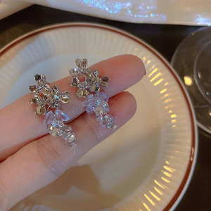 Women's Summer High-End Luxury <b>Earrings</b> with Floral Zirconia Crystal Grape Tassels and Crushed Crystal Design. - Product Image 2