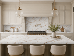 UNION STONE Calacatta Golden Cloud, Losa Grande de Cuarzo Artificial Impreso, Ecológica, Impermeable, Diseño Moderno para Paredes y Pisos de Cocina - Product Image 1