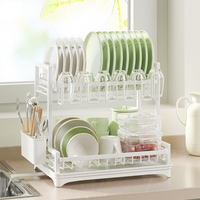 Étagère de cuisine blanche multifonctionnelle sur pied, non pliable, à double niveau, en métal, pour le séchage et le rangement des tasses, bols et assiettes