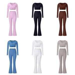 Nylon Spandex brossé lisse tricot tissu manches longues haut court et pantalon de survêtement évasé survêtement pour femmes Gym Yoga Fitness Wear - Product Image 2
