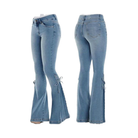 Grosir Celana Jeans Wanita Sehe Fashion, Model Flare, Warna Light Wash, Kasual, Pinggang Sedang, Tali Ikat, Bahan Denim Stretch, Bernapas