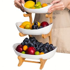 Plat de service en céramique avec cadre en bambou pour fruits, légumes, noix et collations - Product Image 2
