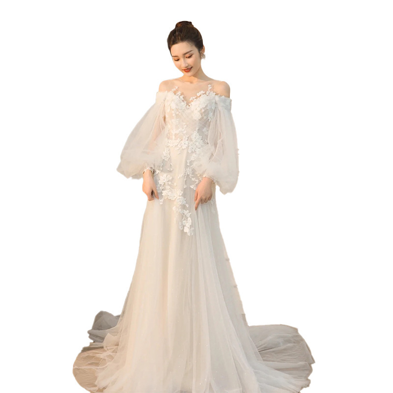 bridal dresses for engagement Berylove Women Off The Shoulder Ivory Engagement Dress Ruched A-Line Long Sleeve Bridal Dress, Ivory / US2 main image 0