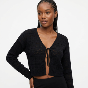 Women's Spring Lightweight <b>Black</b> Hollow Cardigan <b>Crop</b> Tie Front V-Neck Knit <b>Top</b> <b>Long</b> <b>Sleeve</b> Breezy Beach Cover Breathable Short - Product Image 1