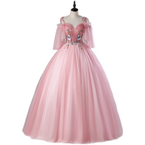 Pink Off The Shoulder Ball Gown Chiffon Prom Dress With Floral Embroidery Empire Waistline - Product Image 5