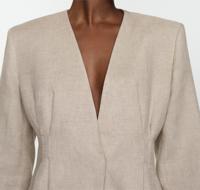 Pakaian Linen Wanita Longgar Warna Khaki Lengan Panjang Tanpa Kancing Cardigan Oversize Dengan Saku Blazer Linen Tanpa Kerah
