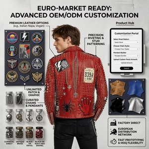 Chaqueta de Cuero Genuino para Hombre, Estilo Motero, Color <span class=keywords><strong>Rojo</strong></span>, Cuero Vacuno de Grano Completo, con Tachuelas, Parches, Apliques y Bordados, Estilo Punk Rock, Fabricación OEM - Product Image 5