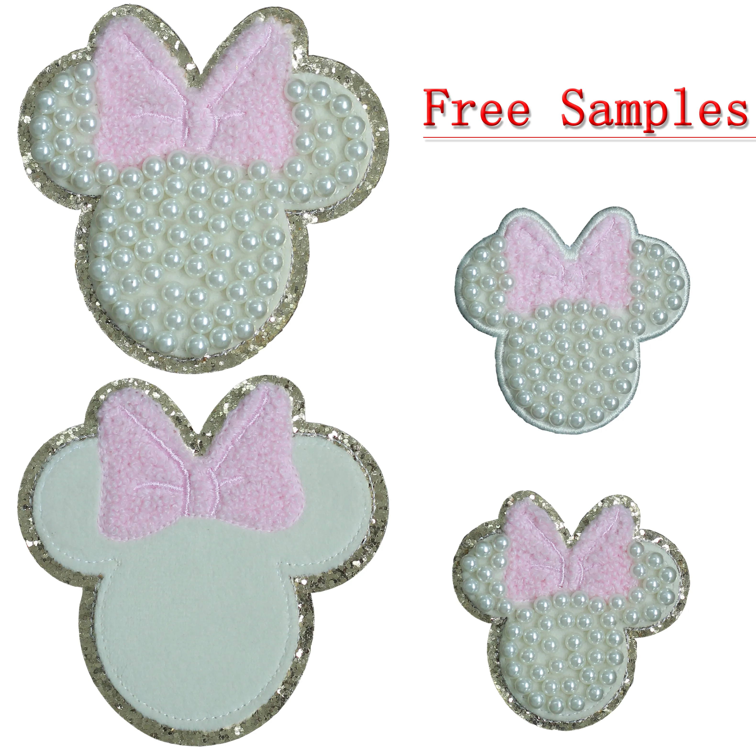 Custom Mickey Minnie Mouse Head Glitter Border Full Pearl Beading Adhesive Patches Chenille Embroidery Iron