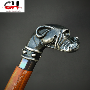 Canne de marche en métal avec poignée tête de bouledogue victorien, gravure en relief, design poli fait main - Cadeau de style vintage - Product Image 1