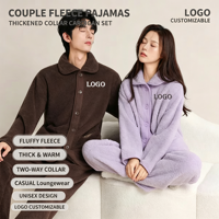 Ensemble de pyjama pour couples, vêtements de détente en polaire corail épais, cardigan à col, ensemble de pyjama chaud pour un usage quotidien en intérieur et en extérieur