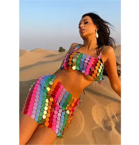 2023 Setelan Payet Rumbai Bra Rok Set Bikini Tari Perut Pinggul Rok Pesta Festival Rave Kostum untuk Wanita Gaun