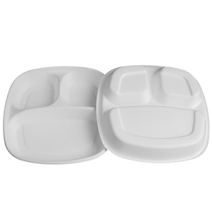 Assiette carrée à 3 compartiments en bagasse, barquette alimentaire compartimentée compostable et biodégradable pour cantine scolaire, vente en gros pour la restauration à emporter - Product Image 1