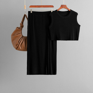 Blubelle Summer Casual Vertical Ribbed Knit Relaxed Fit Washable Two-Piece Set for Women Sleeveless Tank Top + <strong>Split</strong> Midi <strong>Skirt</strong> - Product Image 5