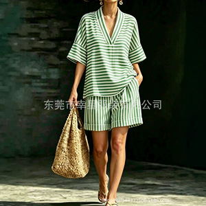 Ensemble de costume décontracté rayé pour femmes, col en V, coupe ample, short, mode streetwear d'été, SMLXLXXLXXXL, bleu, rouge, jaune, vert, rose, noir - Product Image 2