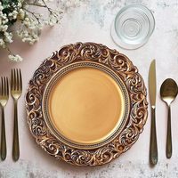 Assiettes de présentation en or antique, chargeurs d'assiettes à dîner de 13 pouces, chargeur rond en plastique gaufré pour la décoration de dîner et de mariage