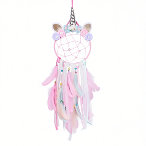 Attrape-rêves licorne Angelina 20x70cm, décoration murale bohème en plumes roses pour chambres d'enfants - Product Image 1