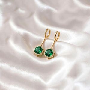 Green Emerald Faceted Gemstone <b>Earrings</b> Elegant Hexagon <b>Dangle</b> <b>Earrings</b> with Cubic Zirconia Detail Minimalist Jewelry Gift - Product Image 2