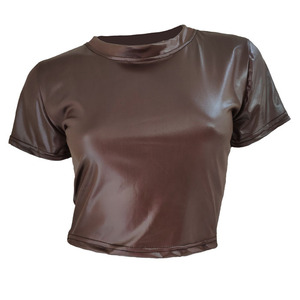 T-shirt en cuir PU pour femmes 2025, col rond, manches courtes, crop top décontracté, tee-shirt ajusté - Product Image 5