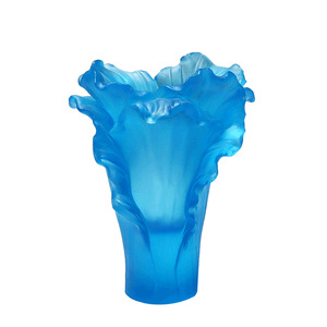 Vase en verre artistique Pâte de Verre bleu à bord ondulé, fait main, décoration élégante pour la maison, arrangement floral de bureau, ornement - Product Image 3