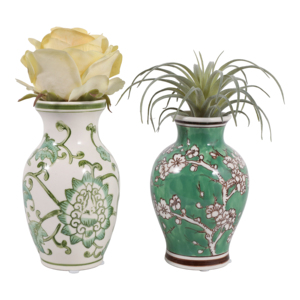 Vaso in Ceramica con Design Floreale Chinoiserie Verde e Bianco, Vaso Decorativo per Soggiorno - Product Image 2