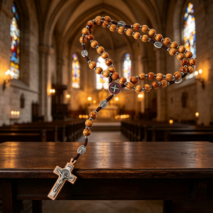 Collier de prière en bois avec perles et crucifix en argent INRI, bijoux religieux chrétiens unisexes, faits à la main, plaqué antique - Product Image 3