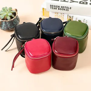 WESTAL Cowhide Leather Ladies Mini Zipper Lipstick Storage Bag With Mirror Leather Coin Purse Leather Lipstick Bag For Women