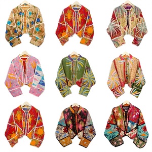 100% Cotton <b>Kantha</b> Autumn/Winter Eco-Friendly Handmade Floral Printed Open Quilted Embroidered Detail Woven Knitted <b>Jacket</b> - Product Image 1