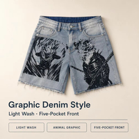 Celana Pendek Denim Unisex Motif Hewan Cuci Terang Raw Hem Lima Kantong Kasual Streetwear Musim Panas J0806