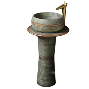 Jingdezhen — lavabo de salle de bain rond gris en céramique, lavabo sur pied gratuit avec lignes jaunes - Product Image 1