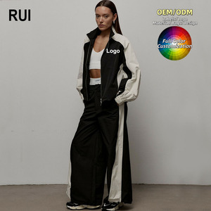 ชุดวอร์มผู้หญิง RUIQUWIN ระบายอากาศได้ดี น้ำหนักเบา ดีไซน์สีตัดต่อ แจ็คเก็ตมีเชือกผูก กางเกงทรงหลวม ชุดลำลอง 2 ชิ้น ชุดกีฬา - Product Image 1