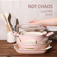 Set Peralatan Masak Lepas Pasang Berlapis Keramik Aluminium Grosir Pabrik, Set Panci dan Wajan Anti Lengket, Kompatibel dengan Induksi