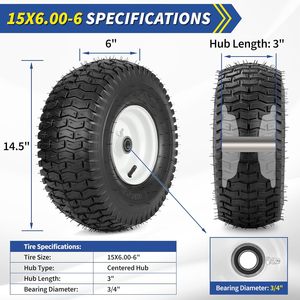 Ruedas giratorias <span class=keywords><strong>Hitech</strong></span> 15x6,00-6, rueda de goma de repuesto para cortacésped, 2 uds., 3/4 \ ", diámetro de rodamiento 3 \", cubo centrado para montar - Product Image 2