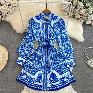 Fall Tunic Midi Dress For Women Lantern Sleeve Empire Printed Dresses