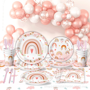 Articles de fête bohèmes roses, ensemble de 60 à 80 pièces, décorations d'anniversaire, vaisselle, impression numérique écologique, rond - Product Image 1