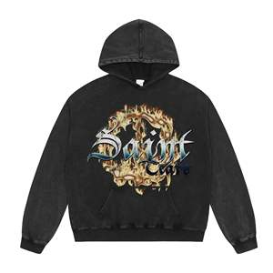 Sudadera con capucha informal de algodón con gráfico de letras bordadas Sudadera con capucha estampada de Hip Hop de invierno Peso pesado con bolsillo Liso teñido - Product Image 2