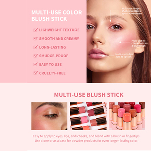 Stick de <span class=keywords><strong>blush</strong></span> 3 <span class=keywords><strong>en</strong></span> 1 imperméable personnalisé, marque privée, pour les joues, les lèvres et les yeux, <span class=keywords><strong>blush</strong></span> mat hautement pigmenté, <span class=keywords><strong>blush</strong></span> crème vegan, teinte pour les lèvres, maquillage - Product Image 2