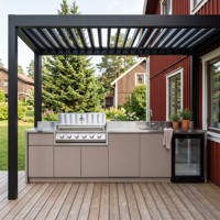 Ensemble d'armoires de cuisine extérieures sur mesure en acier inoxydable Hyrley Taupe, ligne droite, avec barbecue à gaz et réfrigérateur pour villas modernes