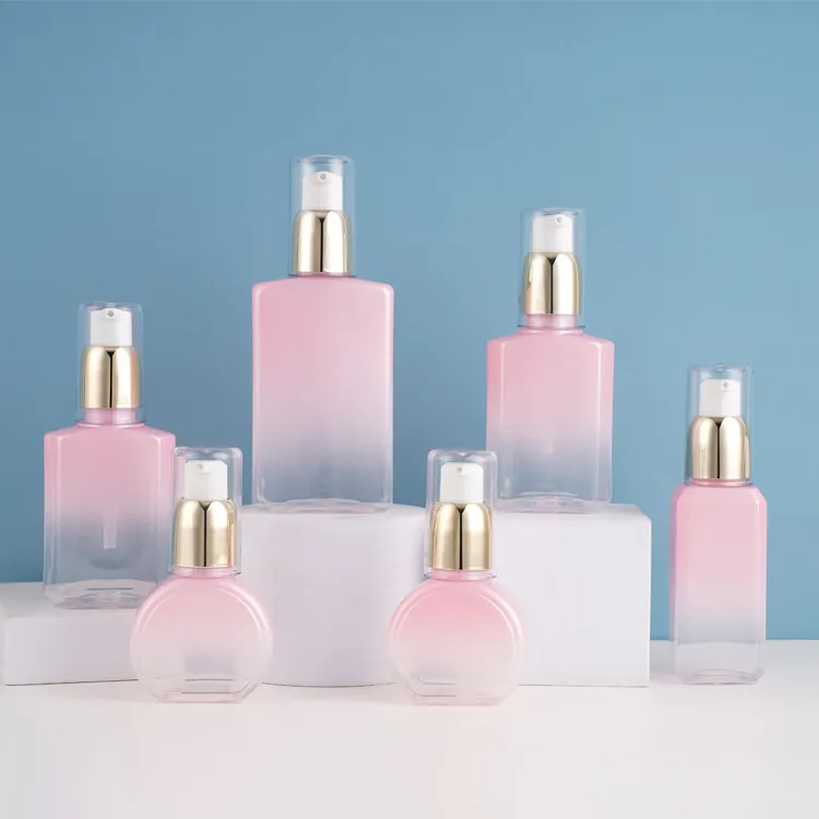 Botol lotion kosmetik, Losion kosmetik persegi merah muda unik, botol pompa Losion logo kustom 30ml 60ml 150 ml