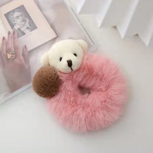 Nieuwste Schattige Paardenstaart Houder Scrunchies Meisjes Kleurrijke Elastische Haarstropdas Teddybeer Pluche Nepbont Stijl Zoete Stof - Product Image 5