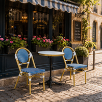 Ensemble de 2 chaises bistrot à carreaux bleus et blancs avec petite table en marbre à bord doré, ensemble de sièges modernes pour jardin, balcon, extérieur