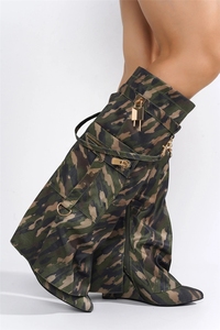 ZHEZHE or <span class=keywords><strong>noir</strong></span> Camouflage bottes hautes pour femmes talons compensés dames métal serrure poche requin longs chaussons - Product Image 2