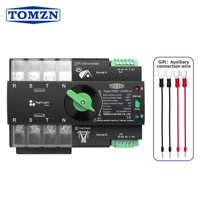 TOMZN 4P TOQ7 PV 230V 63A 100A 125A Din Rail 3 phase ATS Dual Power Automatic Transfer Electrical Selector Switch Uninterrupted