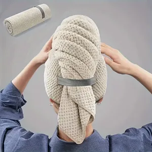 Serviette de cheveux en microfibre tricotée unie, grande taille, absorbante, avec sangle élastique, douce et à séchage rapide - Product Image 1