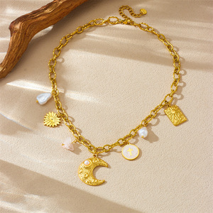 <b>Cross</b> Border Fashion Retro Gold Plated Stainless Steel <b>Chain</b> Moon Star <b>Cross</b> Pendant Necklace Gift - Product Image 3