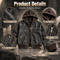 Blouson Bomber Homme Personnalisé en Similicuir Délavé Vintage avec Capuche, Fermeture Éclair, Effet Vieilli, Imperméable, Style Streetwear